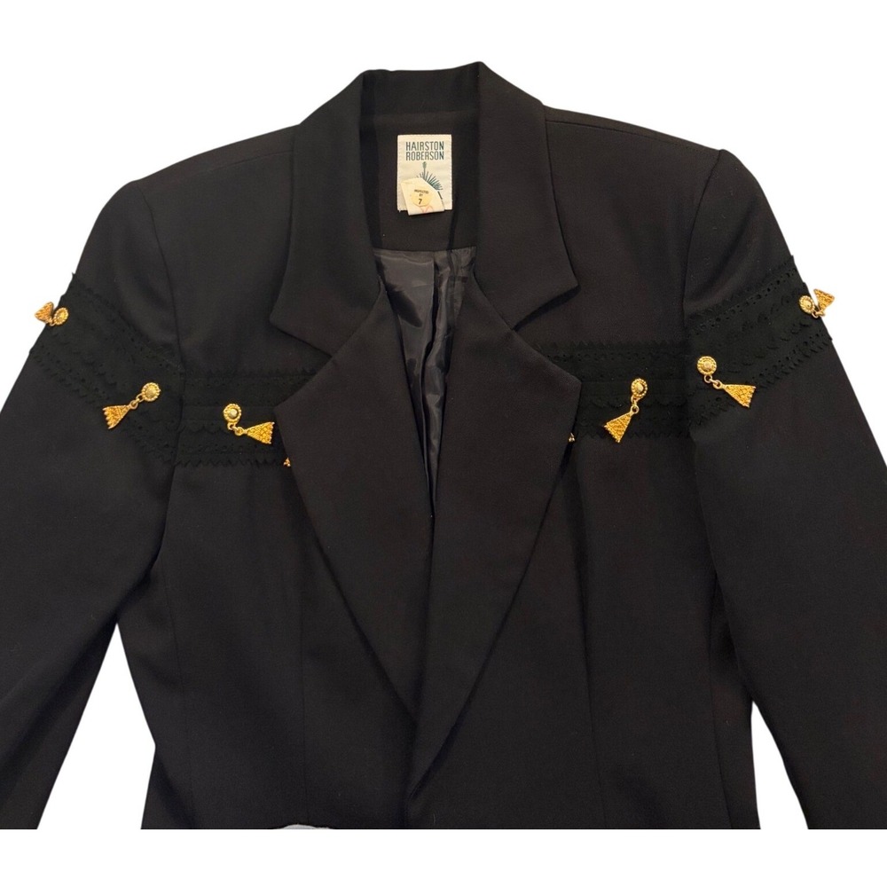 VTG Vintage Hairston Roberson Black Blazer Gold Embellished Size 6 Shoulder Pads